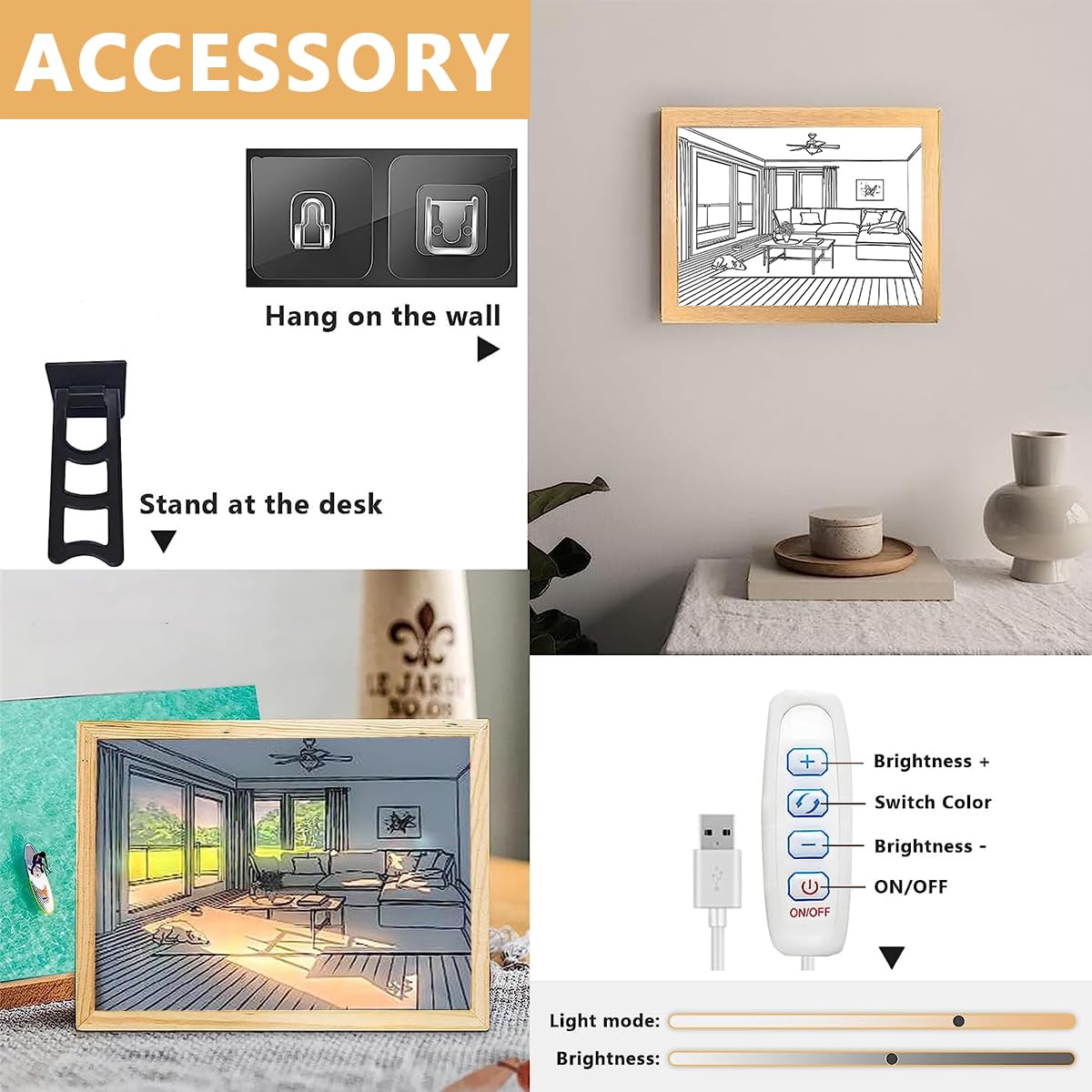 HASTHIP Wooden Framed Art Wall Lighting Painting Decoration, LED Glowing Photo Frame, Adjustable Acrylic Glass Painting Decorative, USB Powered, 3 Lighting Modes, Wall Decor for Home Bedroom (A)