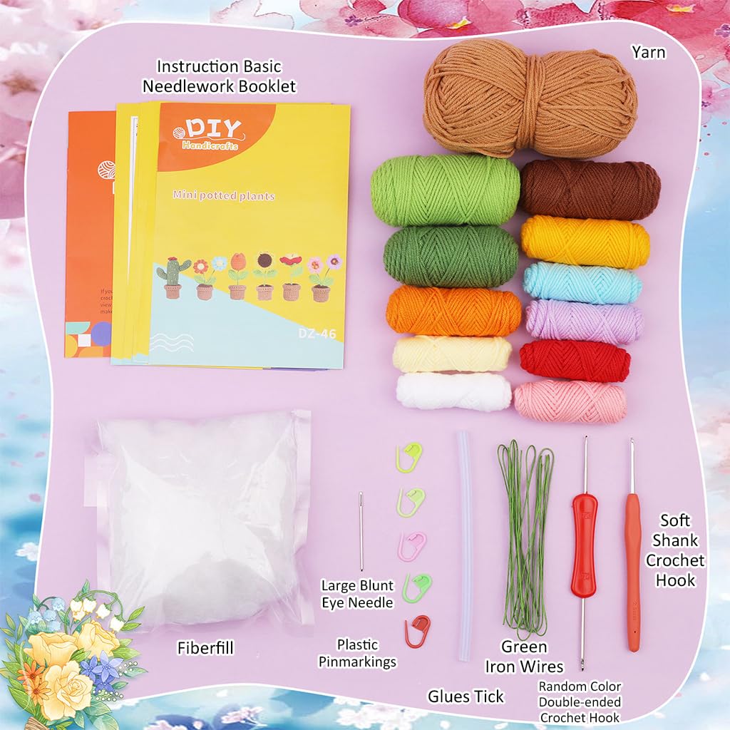 PATPAT DIY Crochet Flower Pot Material Kit Cactus Flowers Crochet Desk Decor Material Kit with Tools & Tutorial Starter Friendly Crochet Flower Material Kit DIY Crochet Christmas Gift, Desk Decor
