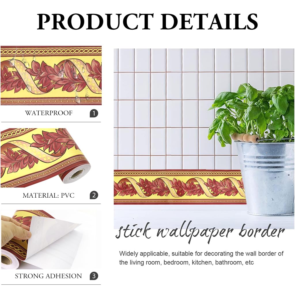 HASTHIP Wall Border Sticker - 3.9''×29.5 Ft Self-Adhesive Floral Trim PVC Frame Sticker, Kitchen Bathroom Waterproof Wallpaper Border Removable Self Adhesive Tiles for Room Decor, Cupboard, Home DIY