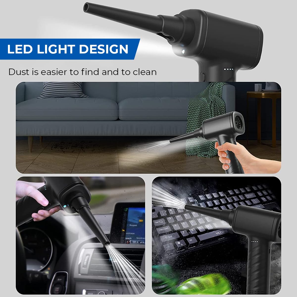 ZORBES Compressed Air Duster, 50000RPM USB Rechargeable Air Duster Air Blower Keyboard Duster, Cordless Air Duster with Folding Nozzles, Electric Air Duster Cleaner for Car Computer Electronics Window Track