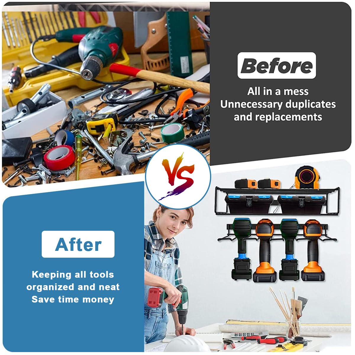 HASTHIP Electric Tool Organizer Rack Wall Mount, Metal Heavy Duty Floating Tool Shelf, 3 Layers Cordless Drill Storage Rack, Screwdriver and Drill Holder, Battery Rack for Garage