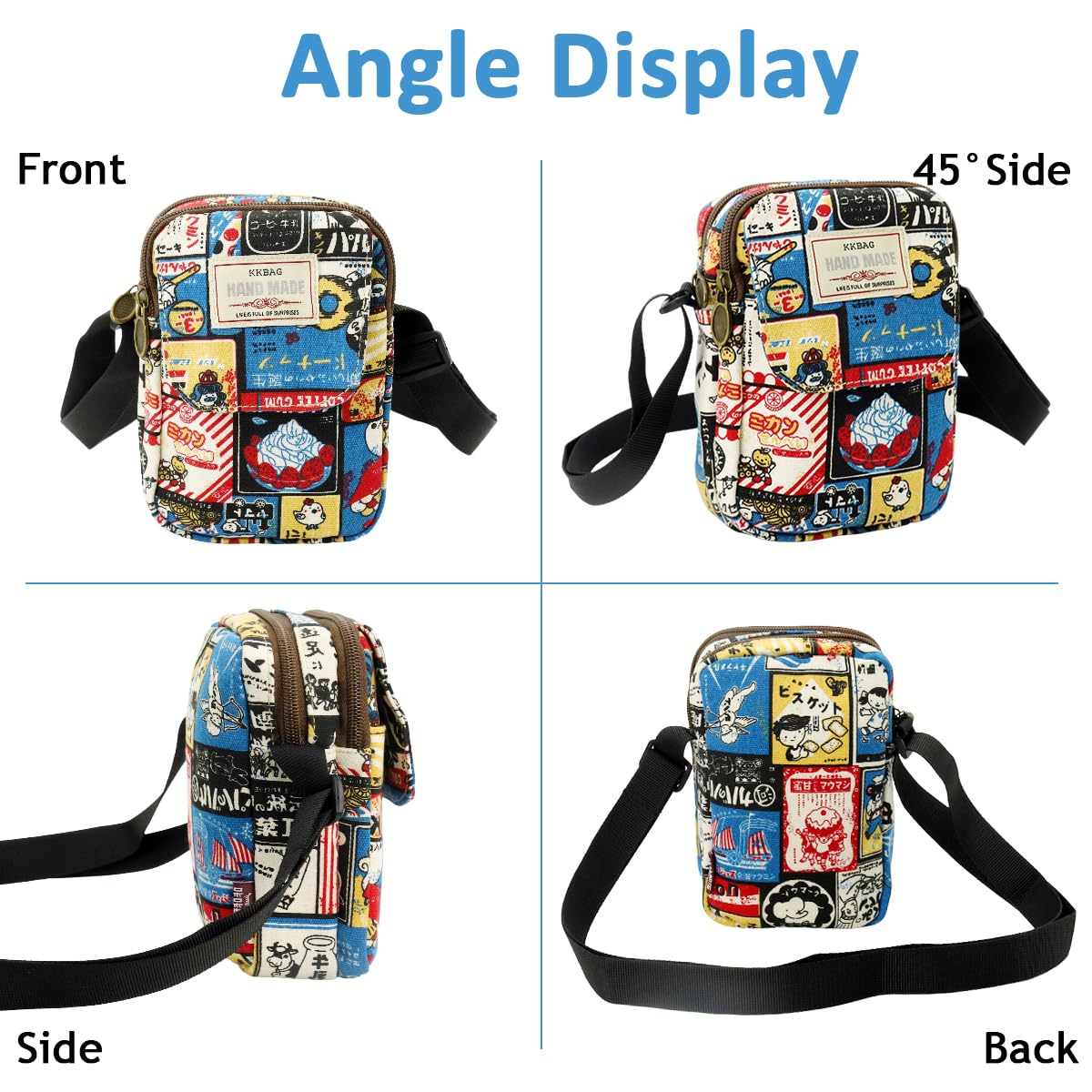 PALAY Cute Canvas Phone Sling Bag Small Casual Utility Bag Cartoon Vintage Print Crossbody Bag Phone Bag Multi Pocket Purse Bag Mini Mobile Pouch