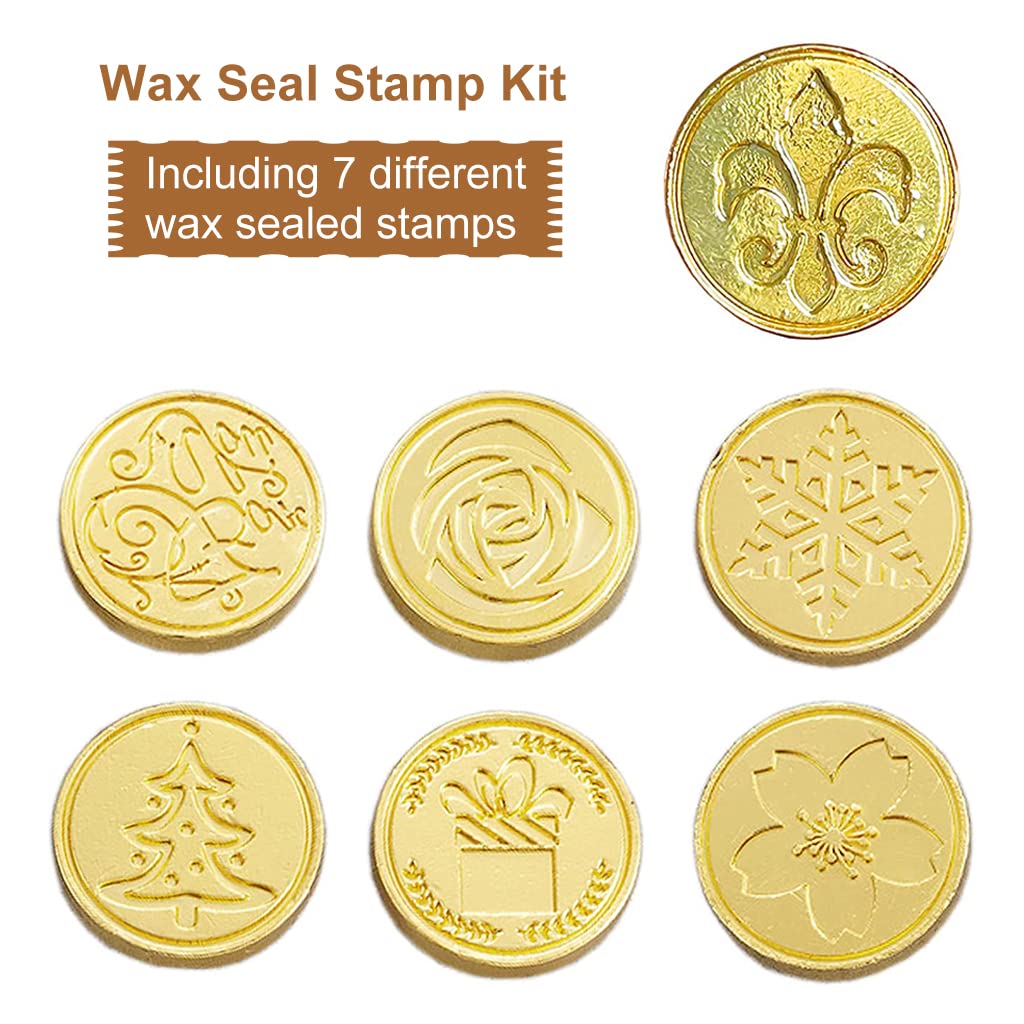 HASTHIP 7Pcs Sealing Wax Stamps Kit Gift Box Set,Copper Seals plus 1 Wooden Wax Seal Stamp Handle for Cards Envelopes and Gift Packaging