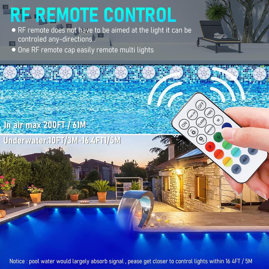 Qpets LED Pool Light Aquarium Light IP68 Submersible Fish Tank Light Aquarium Light with Timer Support Remote Control Submersible RGB Fish Tank Light with 4 Suction Cup