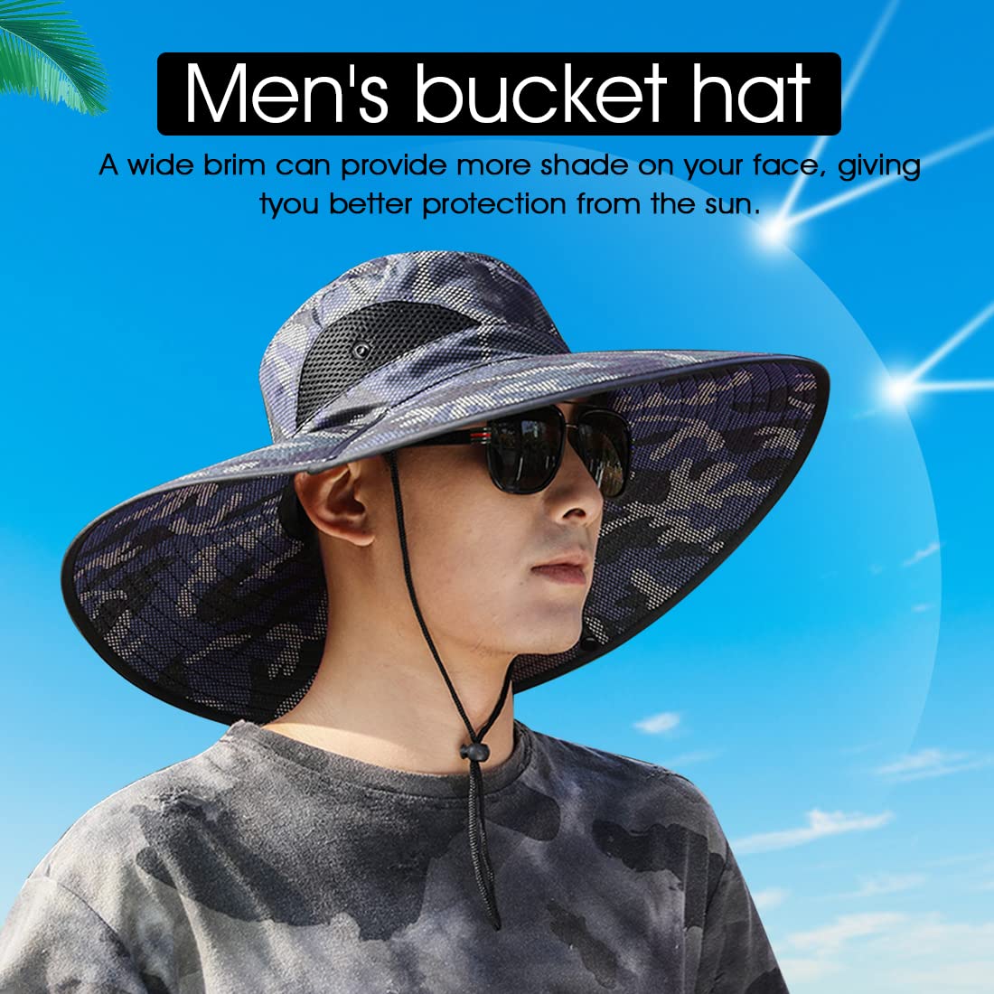 GUSTAVE Wide Brim Bucket Hats, Summer Caps for Men,with Adjustable Chin Strap,Classic Solid Color,Breathable Mesh Caps,Outdoor UV Protection for Summer, Travel,Hiking, Camping (Camouflage)