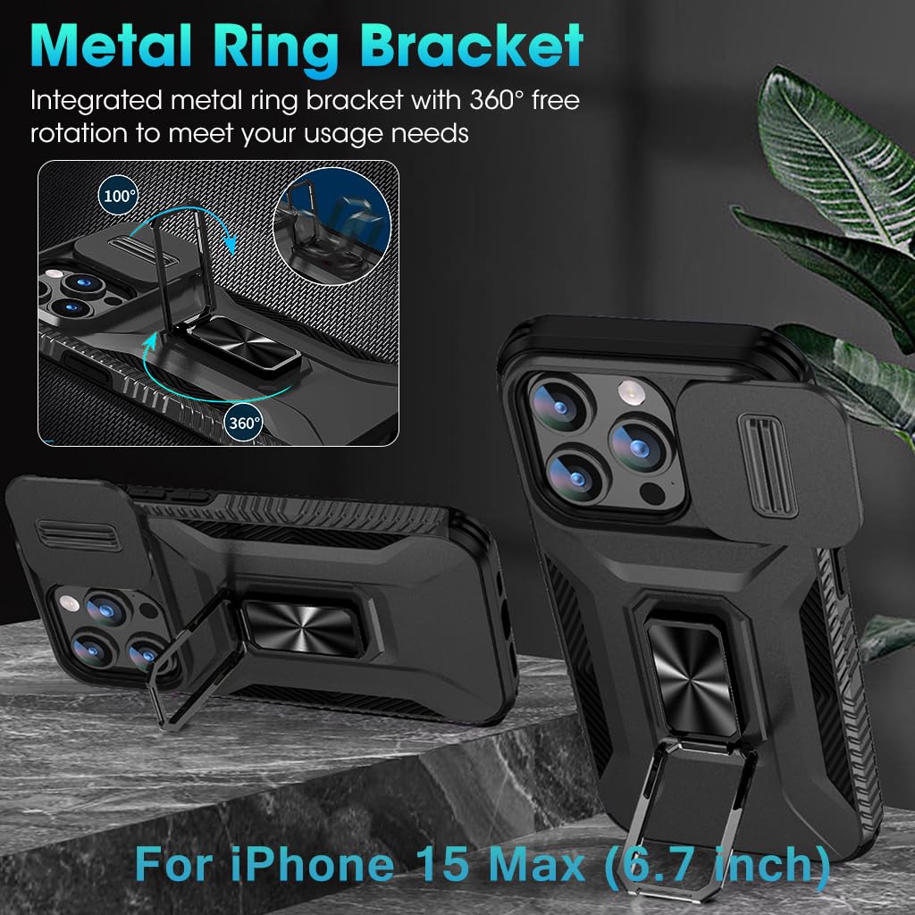 ZORBES Phone Case for iPhone 15 Max Multifunctional Phone Cover with Folding Phone Ring Grip & Sliding Camera Cover, PC Anti-Scratch Phone Case for iPhone 15 Max 6.7 inch Black