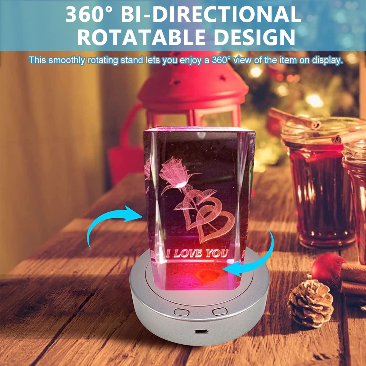 HASTHIP 1Pcs Rotating Display Stand, Display Stand with Colored Lights, Lighted LED Base for Glass Art with 4 Revolving & 8 Light Modes, USB Charging & Battery-Operated (Without Battery)