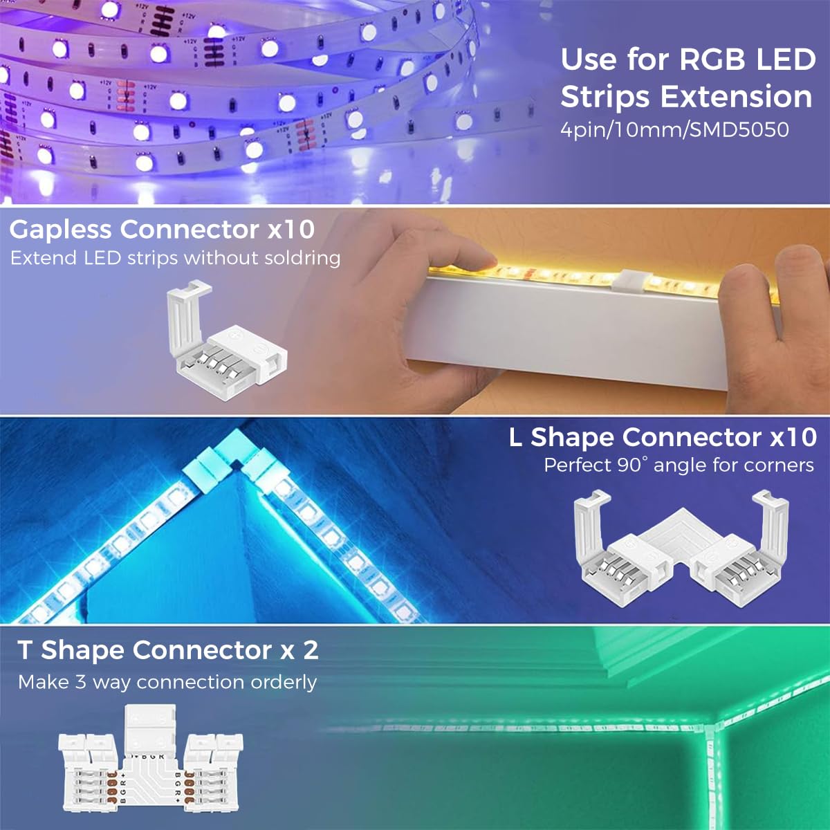 HASTHIP LED Strip Light Connectors Kit RGB LED Strip Connector Kit LED Modification Connector Kit for 10mm 4 Pin 5050 RGB LED Lights, Solderless Adapter 2 Way Splitter Strip Jumper