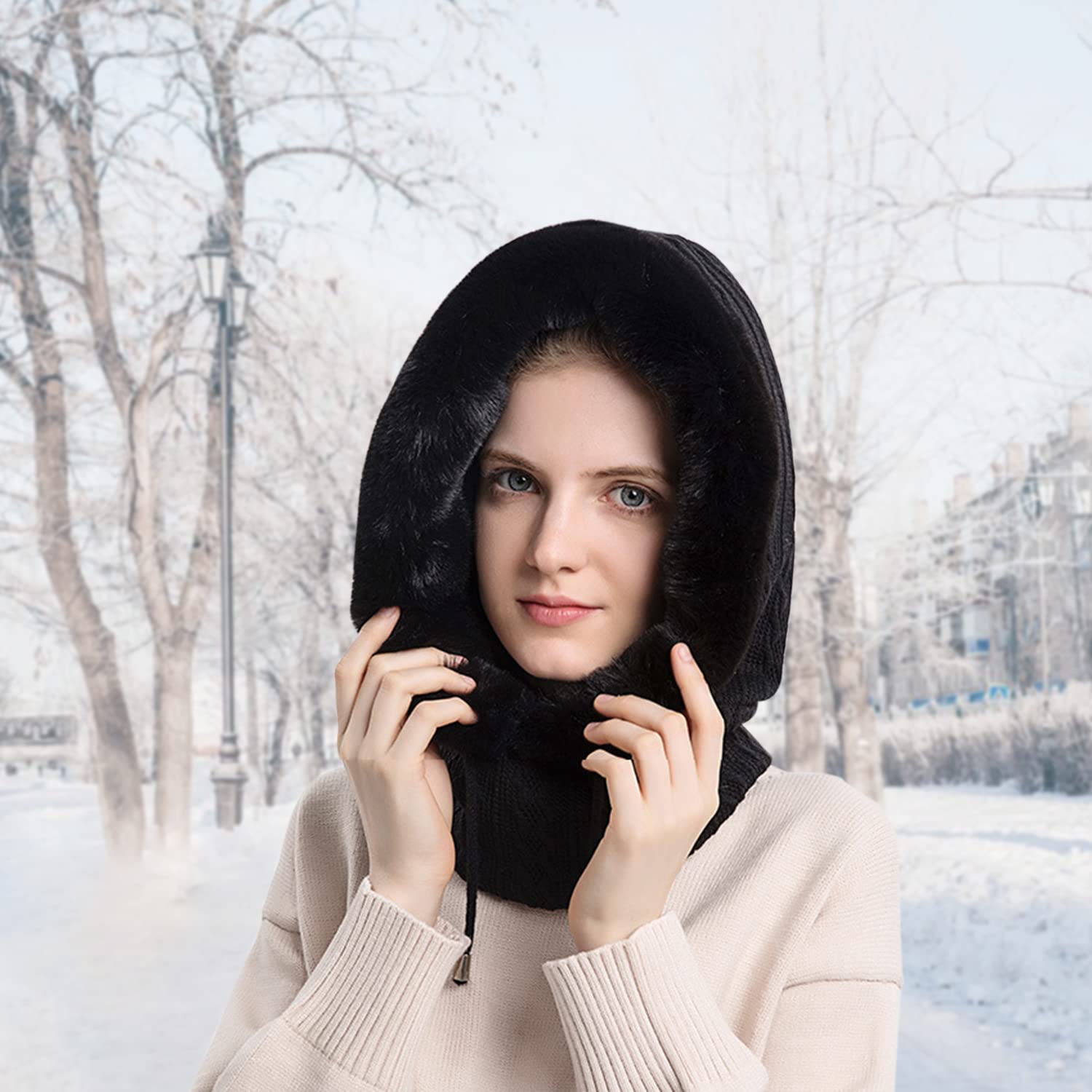 PALAY Winter Cap for Women One-piece Knitted Warm Winter Hat with Neck Warmer Hood Scarf & Mask, Fashion Snow/Wind Proof Soft Fleece Lined Scarf Hat for Outdoor Riding Skiing (Black)