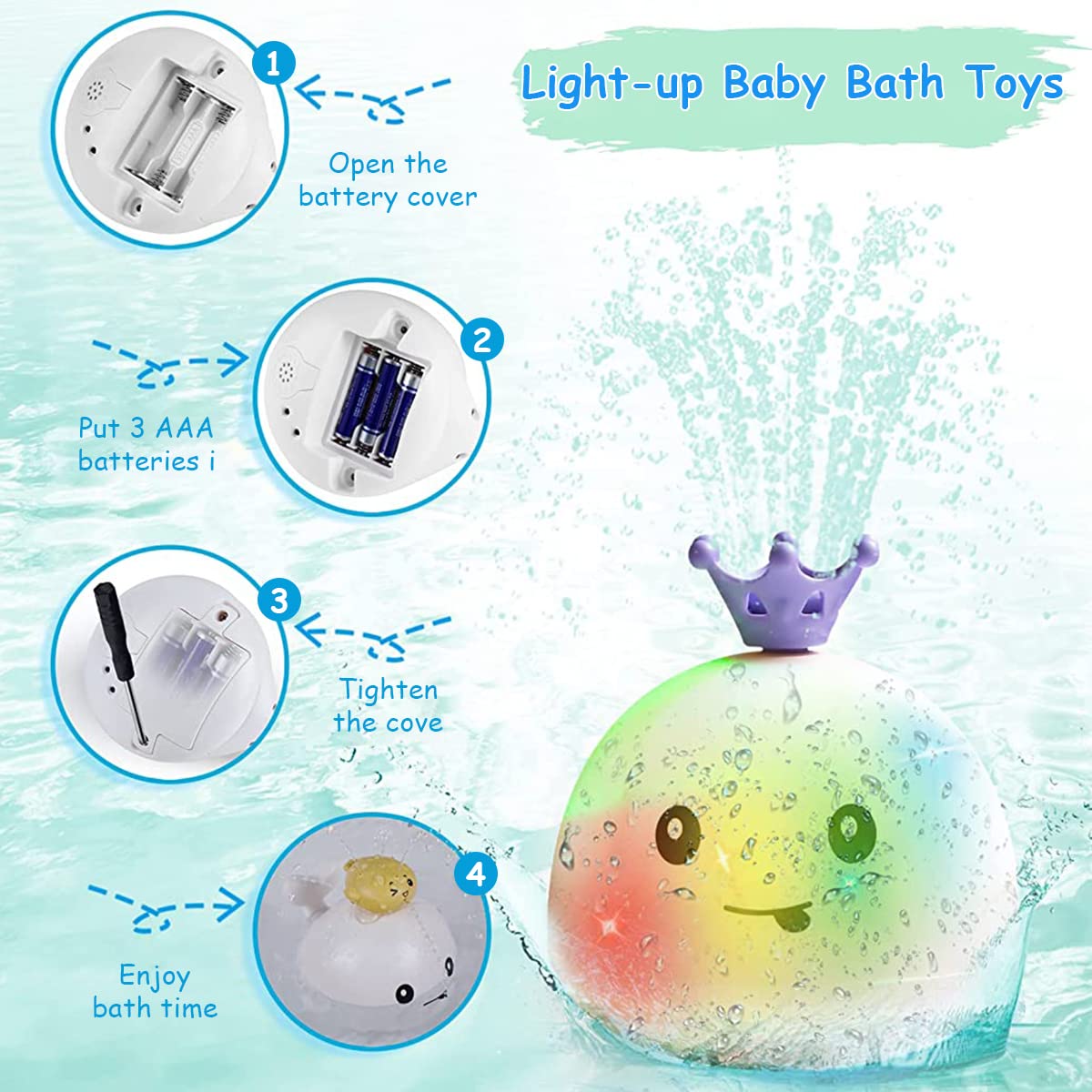 PATPAT Bath Toy for Kids Fun Glowing Whale Sprinkler Toy Color Light Toy Water Spraying Toy Pool Toy Bath Toy Battery Powered Shower Toy Gift for Boys and Girls 1-3 Years Old