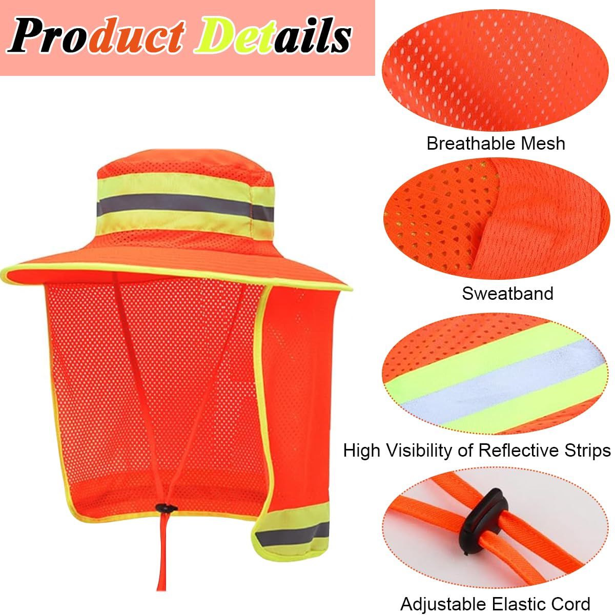 Serplex Safety Reflective Bucket Hat with Sun Protection, Bucket Hat for Men, Bucket Hat for Women, Wide Brim, Neck Flap, Breathable Mesh, High-Visibility Sun Hats for Work/Gardening/Fishing(58-60cm)