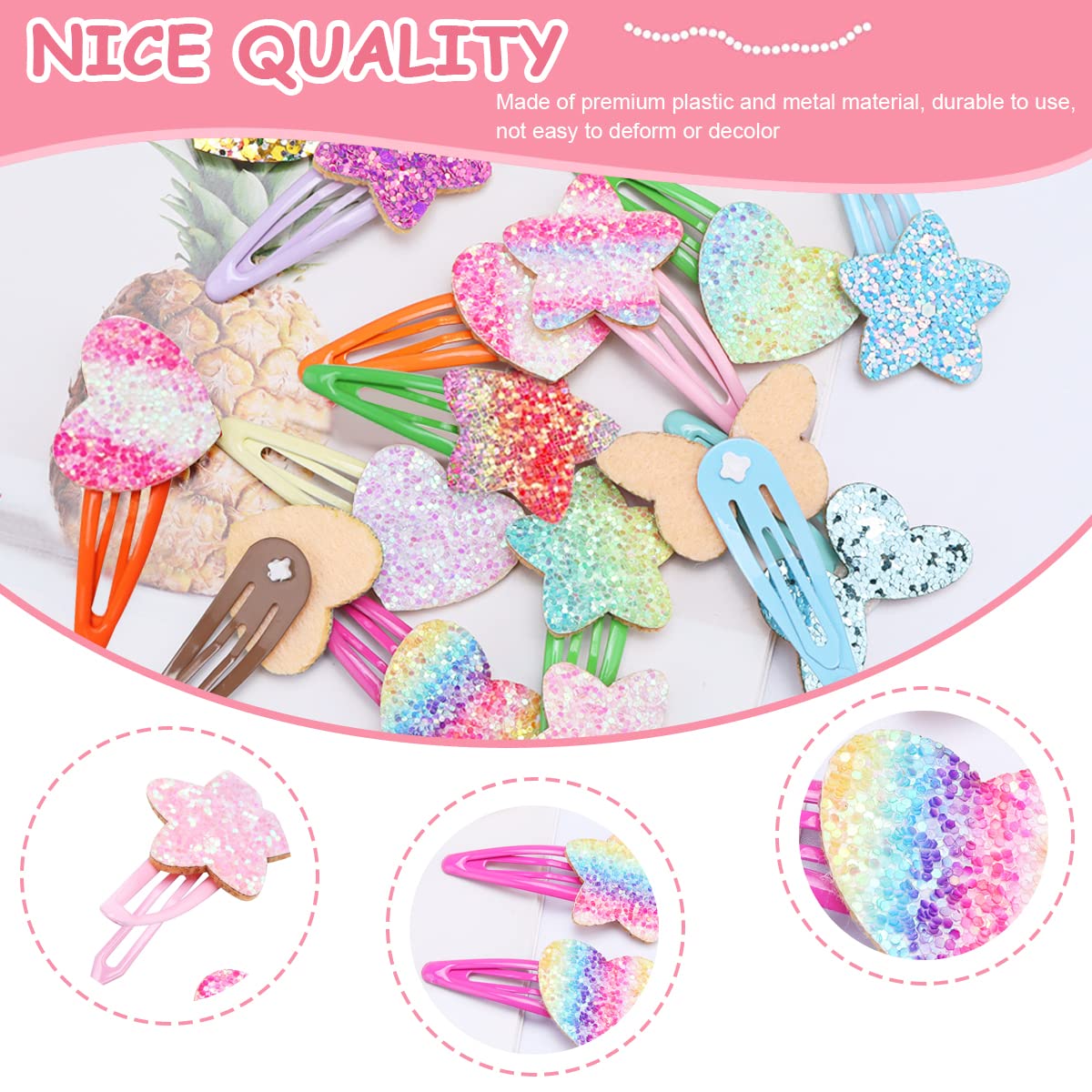 PALAY 24pcs Hair Clips for Girls Kids, Sparkle Glitter Sequins Metal Snap Hair Pins Barrettes Star/Heart/Butterfly Shaped Hair Accessories for Baby Girls Gift Set