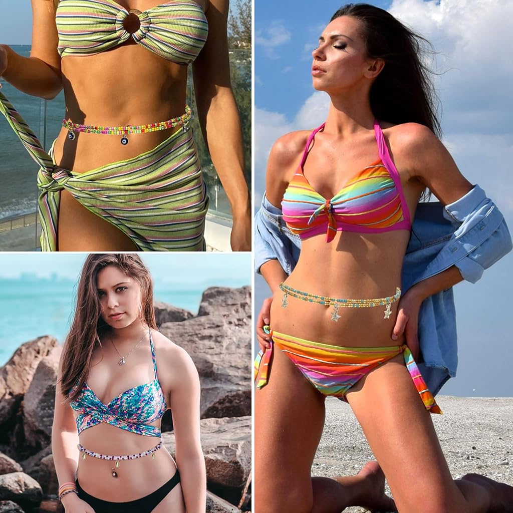 PALAY 12Pcs Waist Chain for Women Bohemian Color Beaded Body Chains Elastic Layered Belly Beads Hip Chain for Saree, Crop Tops, Bikinis Accessories - 43.3in