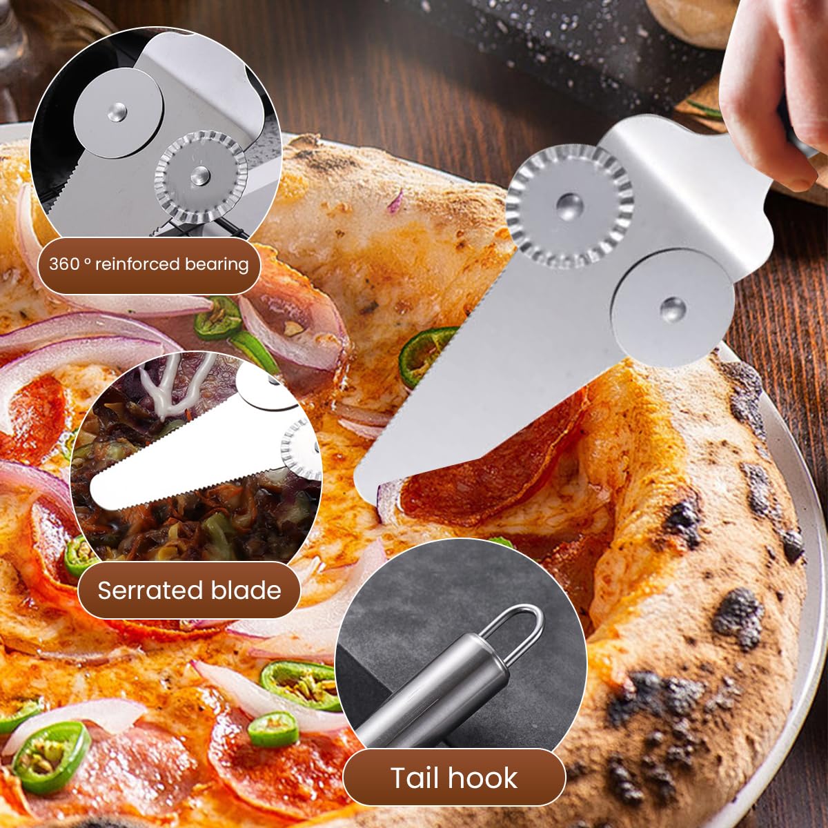 HASTHIP Pizza Cutter Wheel 2 in 1 Stainless Steel Pizza Shovel, Dual Wheel Design Pizza Cutter Cake Shove, Dishwasher Safe, Perfect for Cakes & Desserts, Dishwasher Safe