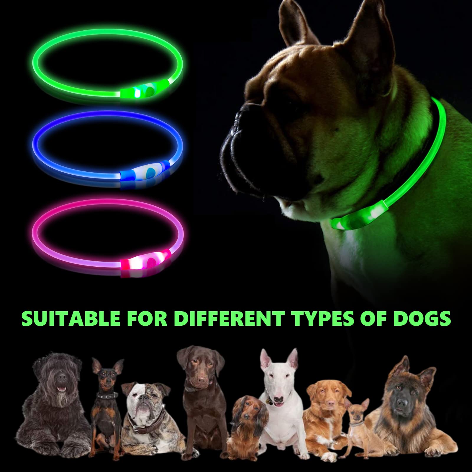 Qpets Dog Collar LED Optical Fiber Collar Flashing Collar for Dog USB Charging Cuttable Length Ensuring Safety for Night Walking (Blue Light)
