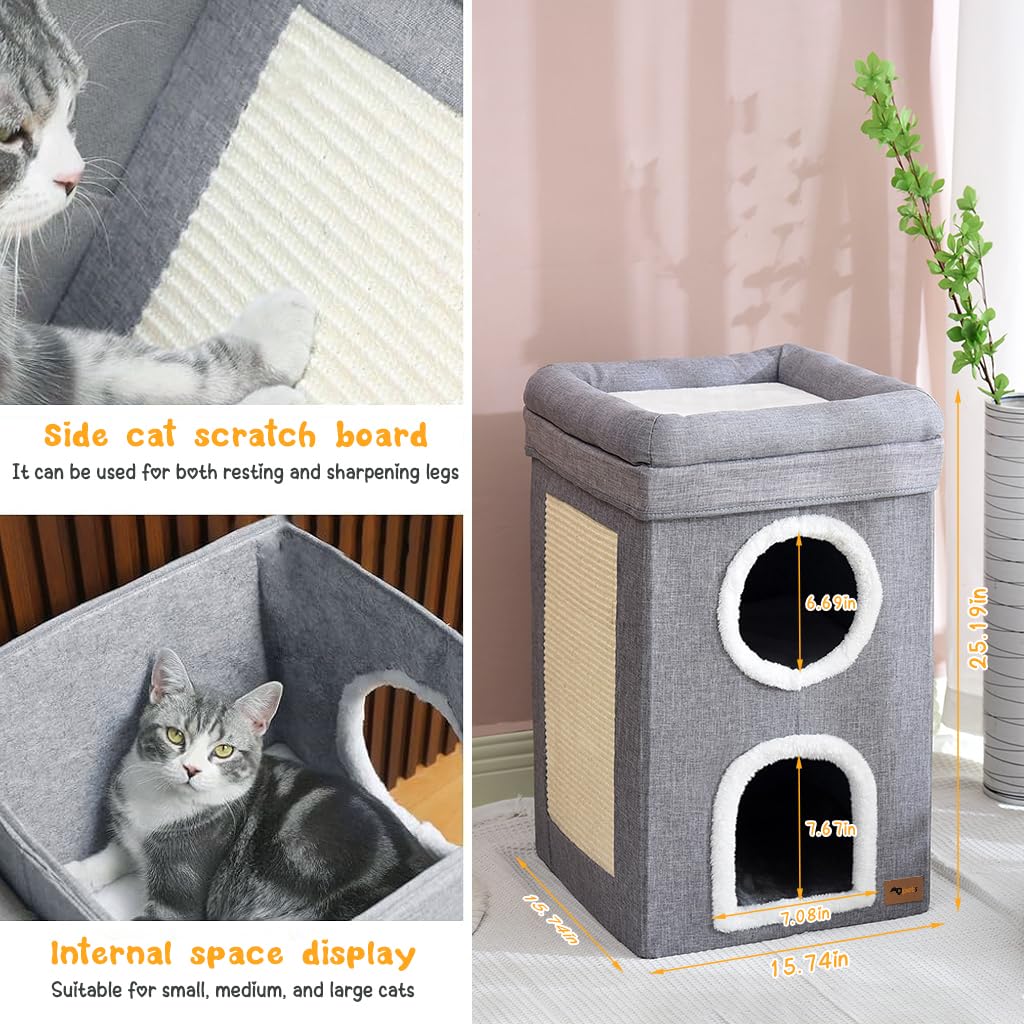 Qpets Cat Beds, 3-Layer Cat House Cozy Cotton Fodable Vertical Cat House with ATOP Bed & Scratch Board, Warm Cat Bed Hide Cat Cave Multi-Entry Game Tunnel Suitable for All Seasons