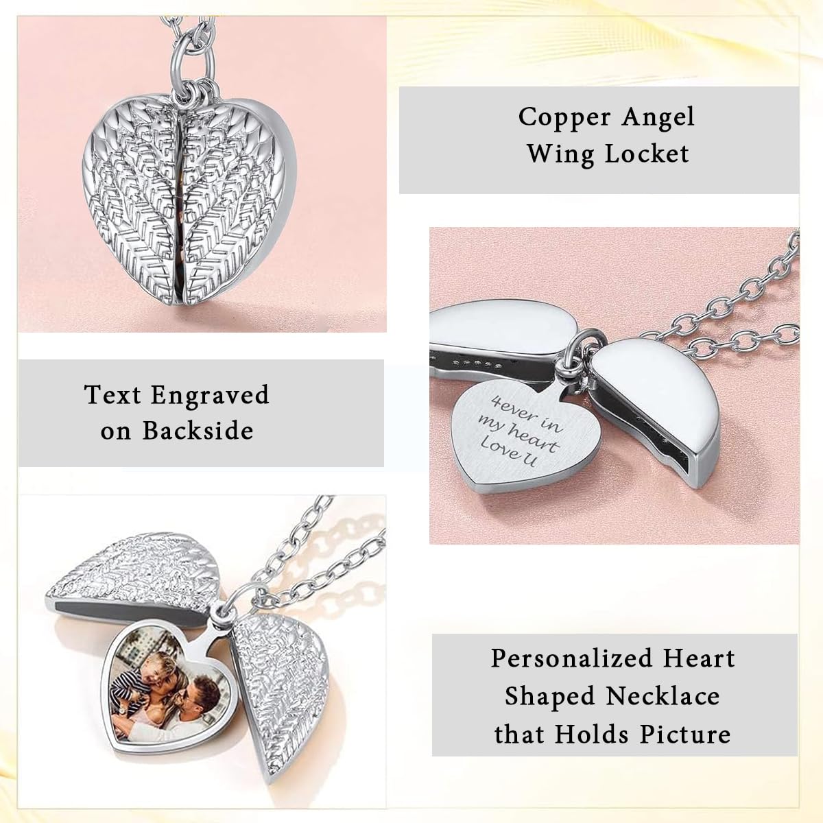 SANNIDHI Heart-shaped Locket Necklace for Women Men, Angle's Wing Engraved Necklace, Vintage Personalized Photo Lockets for Loved Ones/Friends/Families Gifts