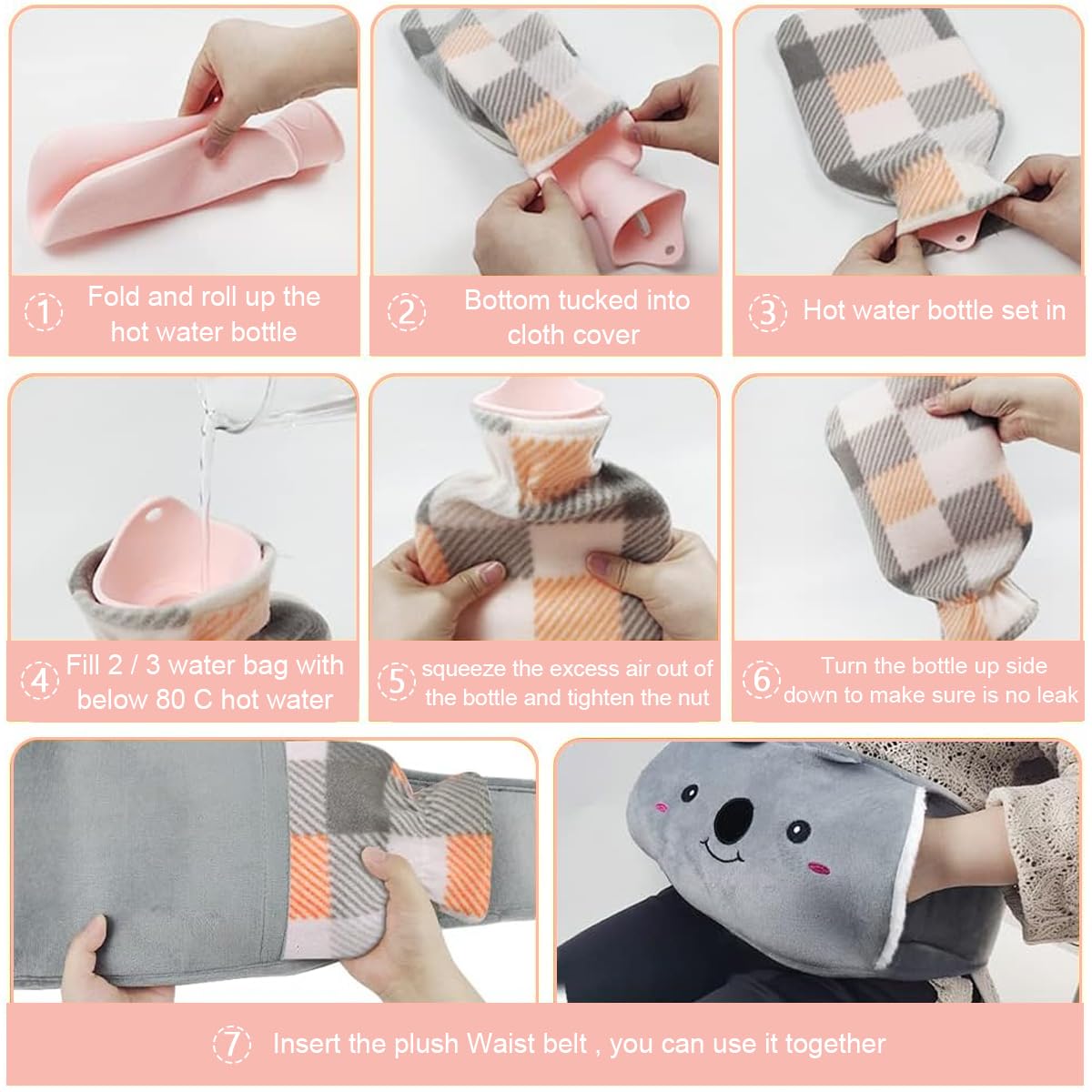 HANNEA Hot Water Bag with Plush Cover & Waist Wrap Belt Refillable Hot Water Bag Anti-leakage PVC Hot Water Bag Period Pain Relief Hot Water Bag, Relieve Cramp Relief, Back Pain