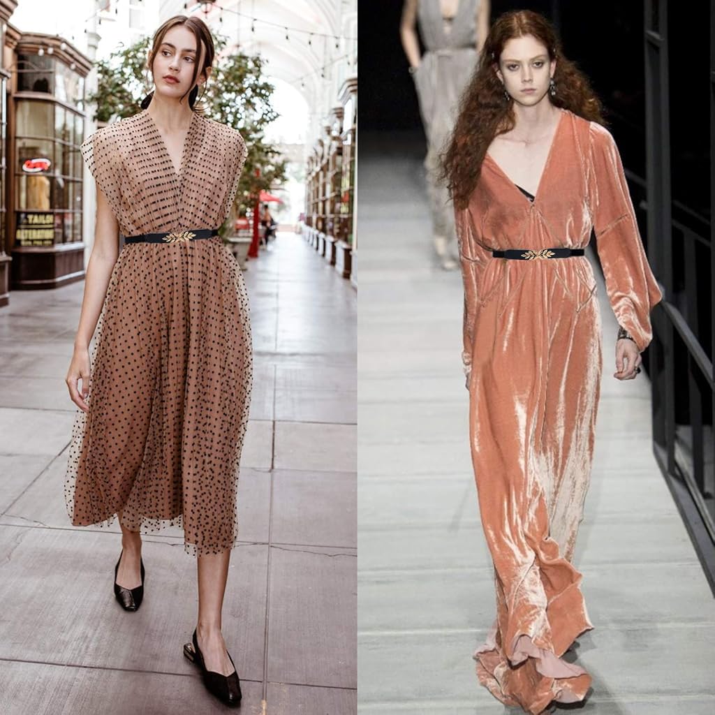 ZIBUYU Fashion Waist Belt for Women Chic Golden Leaf Buckle Design 25.2 inches Stretchy Slim Waist Belt High Class Vintage Belt for Shirt, Blazer, Sweater, Dress, 64-75cm