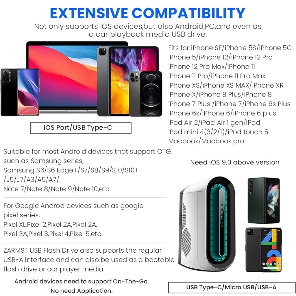 Verilux Pendrive 64GB 4 in 1 Flash Drive 64GB USB 3.0 Flash Drive with Light-ning, Micro USB, USB A, Type-C Interface, Mini Flash Drive Compatible with iPhone, iPad, Android, PC and More Devices