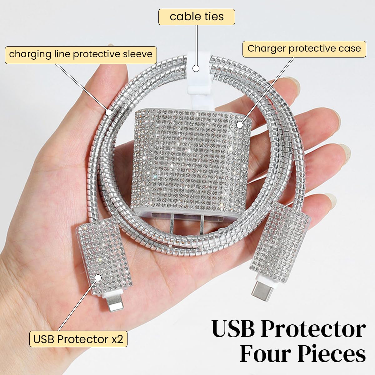 Verilux Set of 3 Fashion Rhinestone Charger Protector Skin Cover & Charging Cable Protector for iPhone 15 20W, Anti-Scratch Charger Adapter Protector Charging Cable Sleeve, for iPhone Accessories