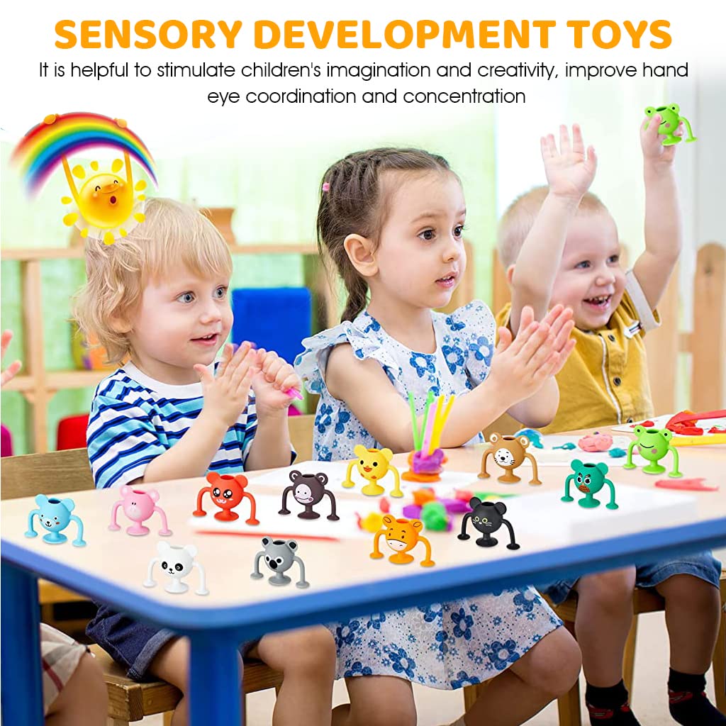 PATPAT Suction Toys for Baby, 12 Pcs Cartoon Silicone Animal Suction Toys Stress Toys Set Building Blocks for Baby High Chair Parent Interactive Game Travel Toy Bath Toys for Kids 3 4 5 6 7 8 Years