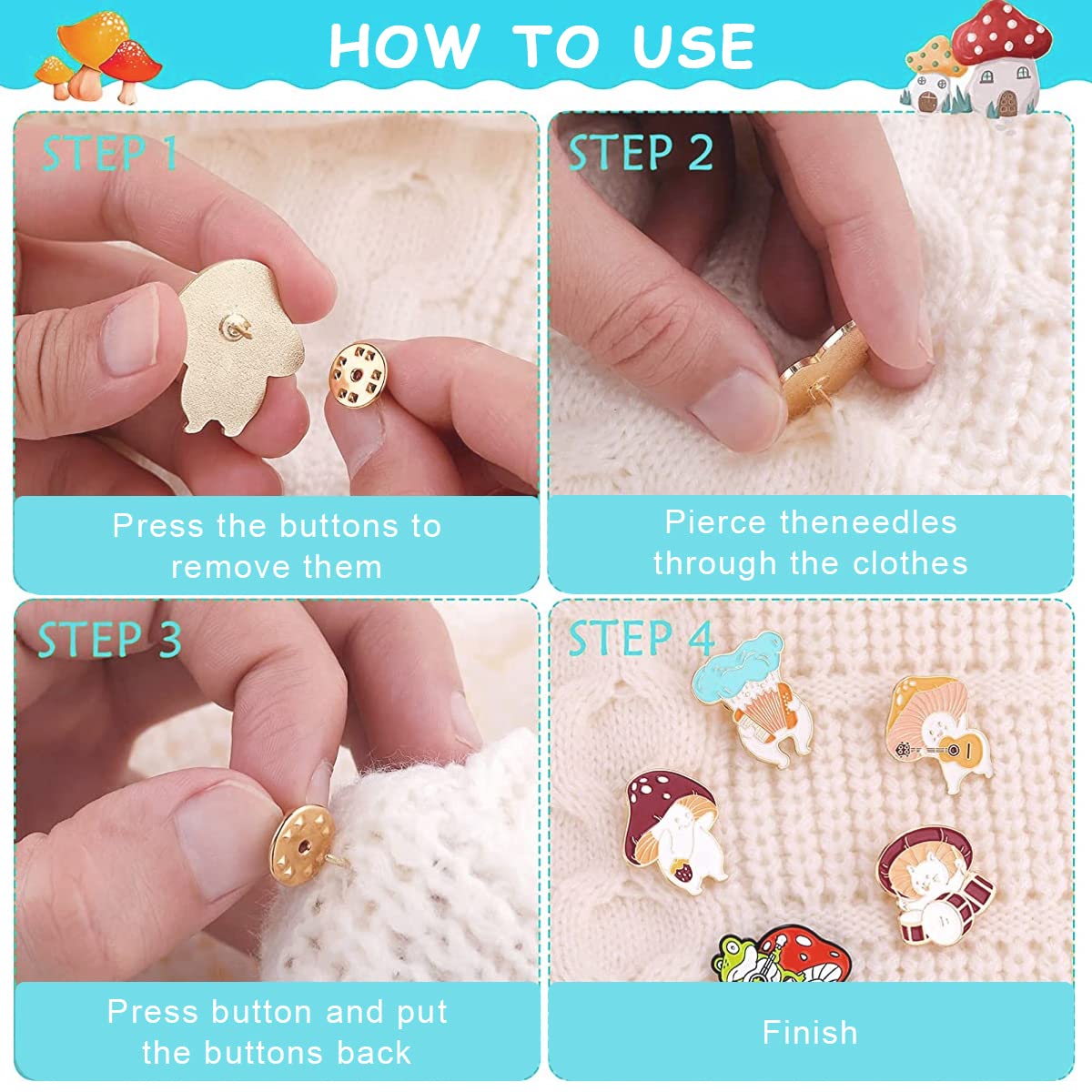 SANNIDHI 7PCS Enamel Brooch Pins Set Cute Alloy Lapel Pins Cartoon Cat Mushroom Pin Brooches Assorted Badges Pin for Clothes, Backpack, Hats, DIY Crafts