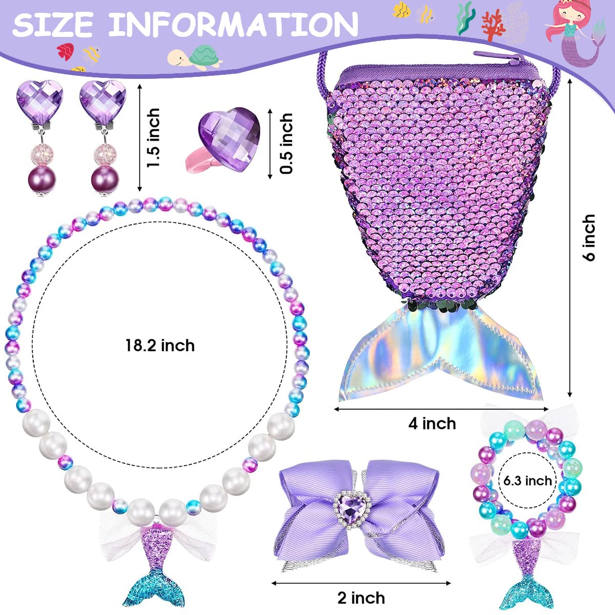 ZIBUYU Cute Pearl Necklace Bracelet Set for Girls Included Sling Bag,Hair Bow Ring Earrings,Mermaid Princess Jewelry Kit for Theme Party,Dress Up Christmas Gift