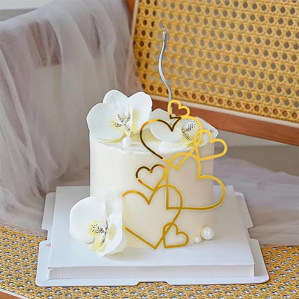PALAY 12Pcs Cake Decorations Luxury Golden Acrylic Rose Heart Shaped Cake Topper Decorations for Birthday Cake Anniversary Wedding Cake