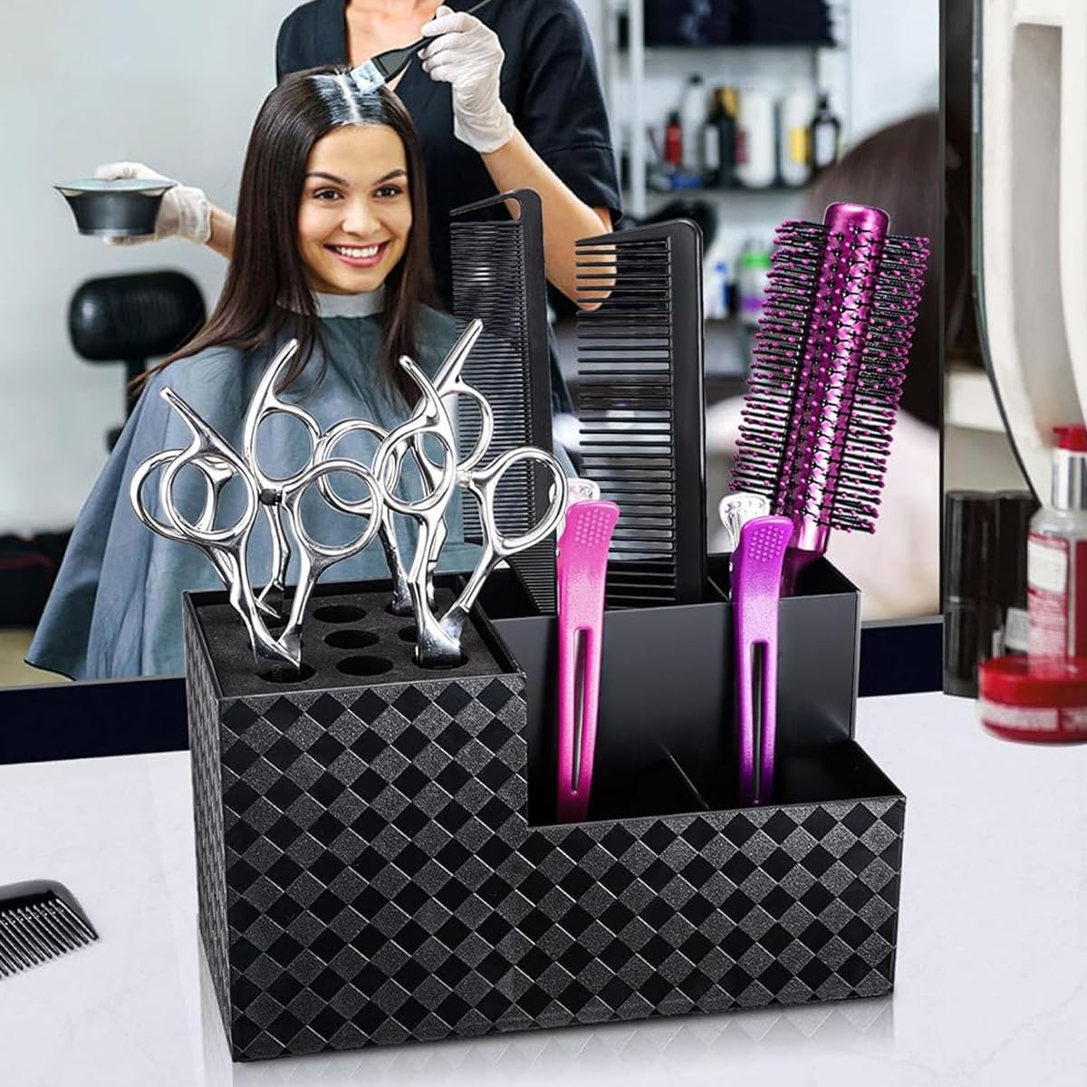 MAYCREATE Scissor Holder Barber Shear Holder Box, Hair Salon Barber Supplies Acessories Tool Station Desk Organizer Case, Combs Clips Stand Holder Storage for Hairstyling Combs Clips Brushes, B