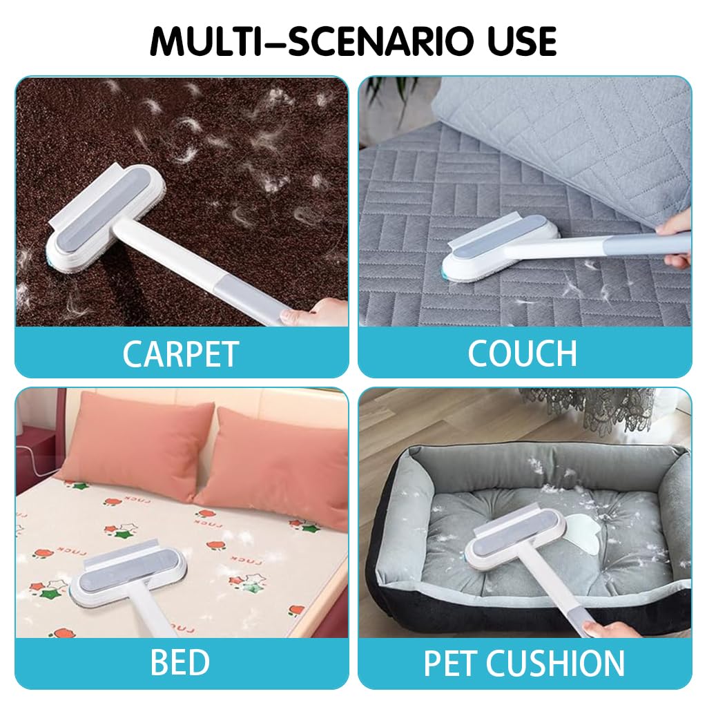 Qpets Cat Brush Dog Comb, 3 In 1 Pet Hair Remover Brush with 2 Intergrated Cleaning Brushes, Reusable Long Handle Pet Brush Dust Cleaning Roller for Sofa, Carpet, Couch, Bed Sheet