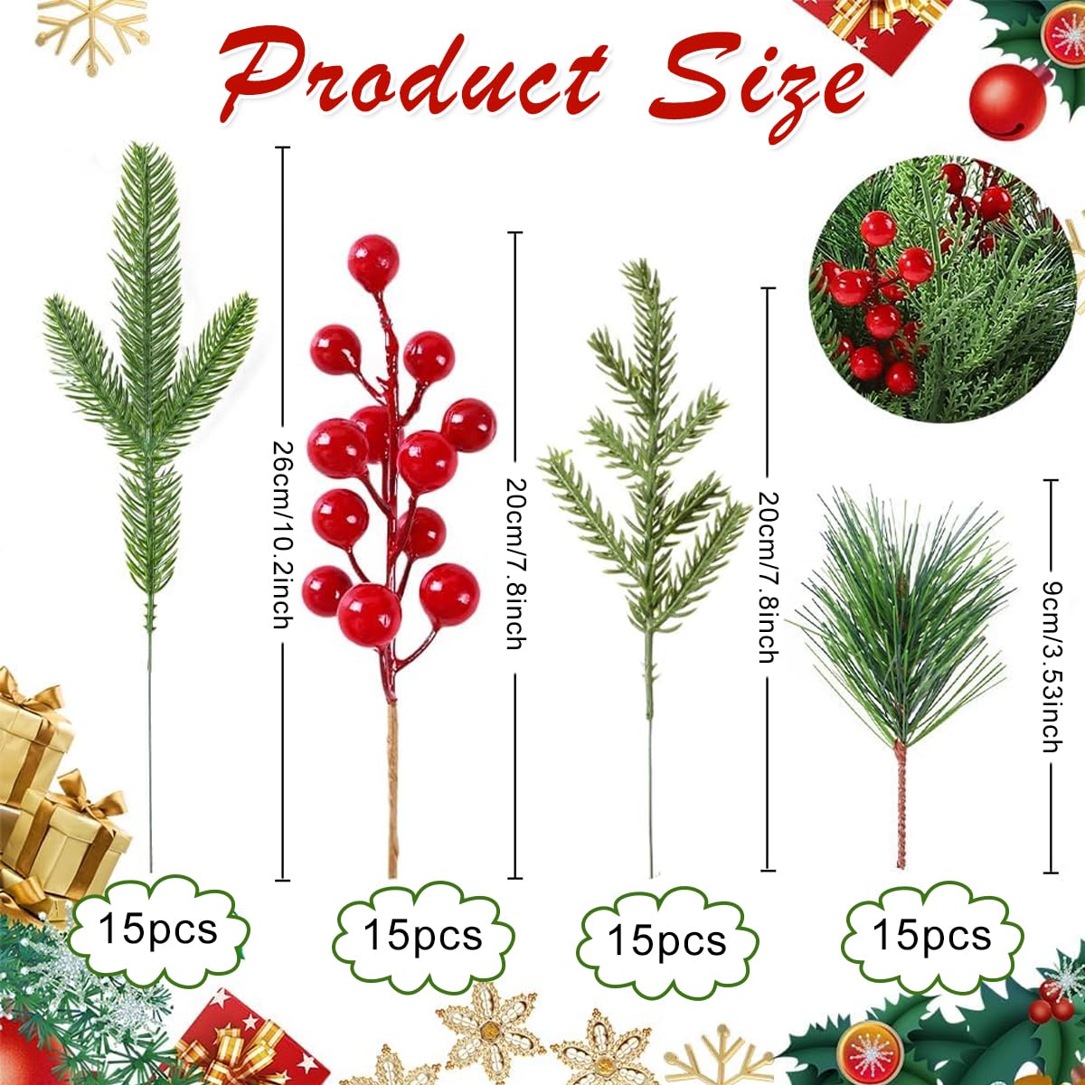 HASTHIP 60Pcs Christmas Tree Ornaments Artificial Pines & Berry Combo Set Flourish Greenery Pine Christmas Ornaments DIY Christmas Garland Wreath Xmas Embellishing Flower