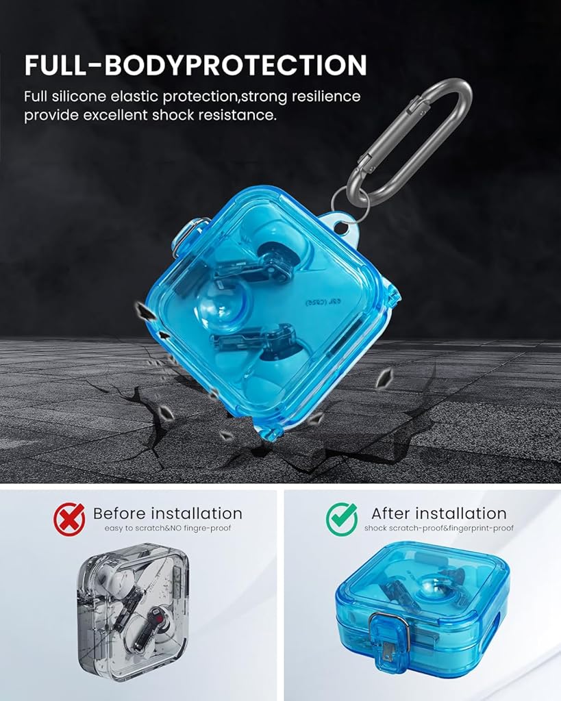 ZORBES Earbuds Cover for Nothing Ear 2, Transparent Case Shock-Absorbing Protective Armor Cover for Nothing Ear 2 Earbuds, PC Hard Shell with Lanyard and Carabiner (Transparent Blue)
