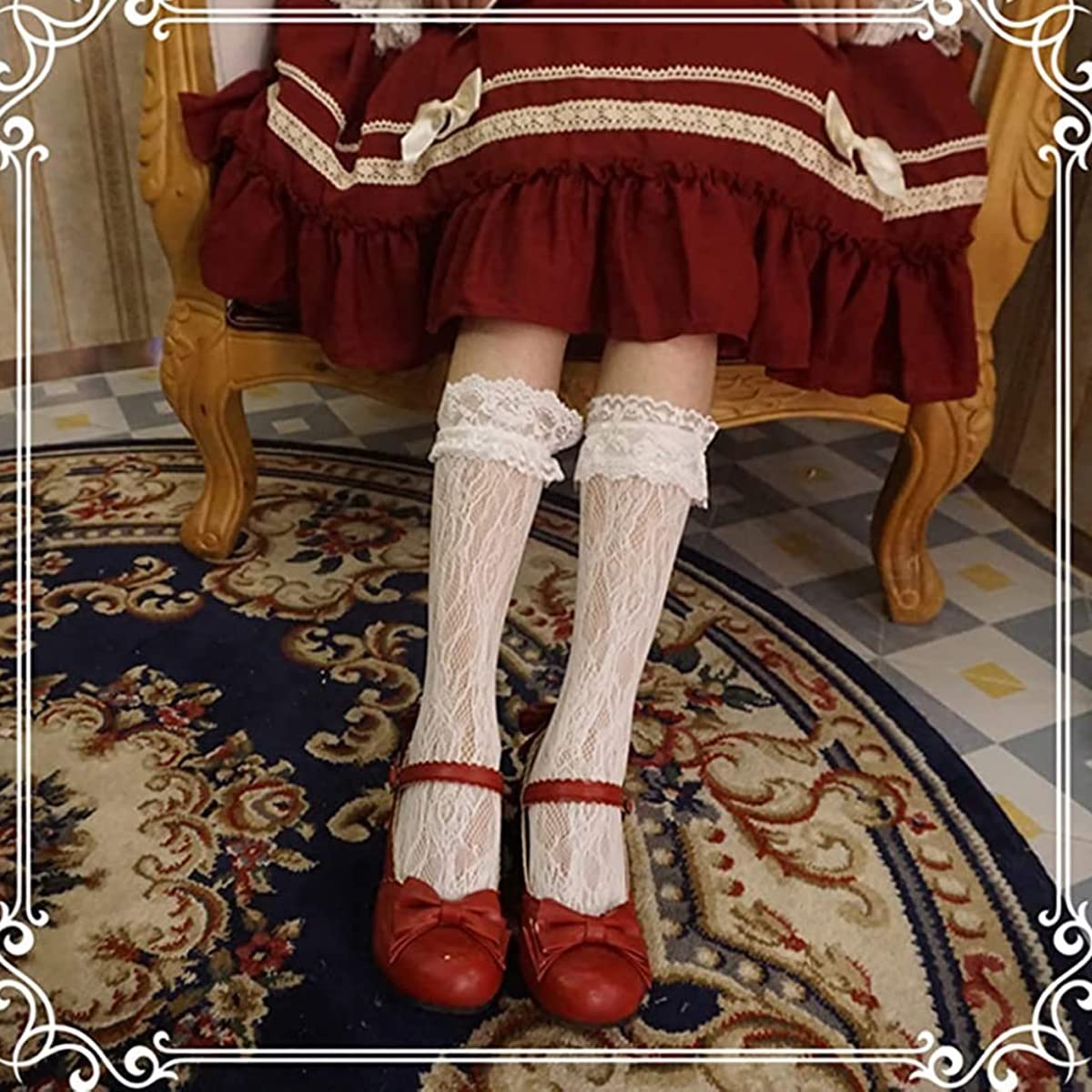 PALAY 2 Pairs Knee High Socks for Girls, Loose Lolita Lace Socks for Teen Girls Kids, Fishnet Calf-High Socks Stockings Fashion Sweet Ruffle Long Socks - Black & White Set