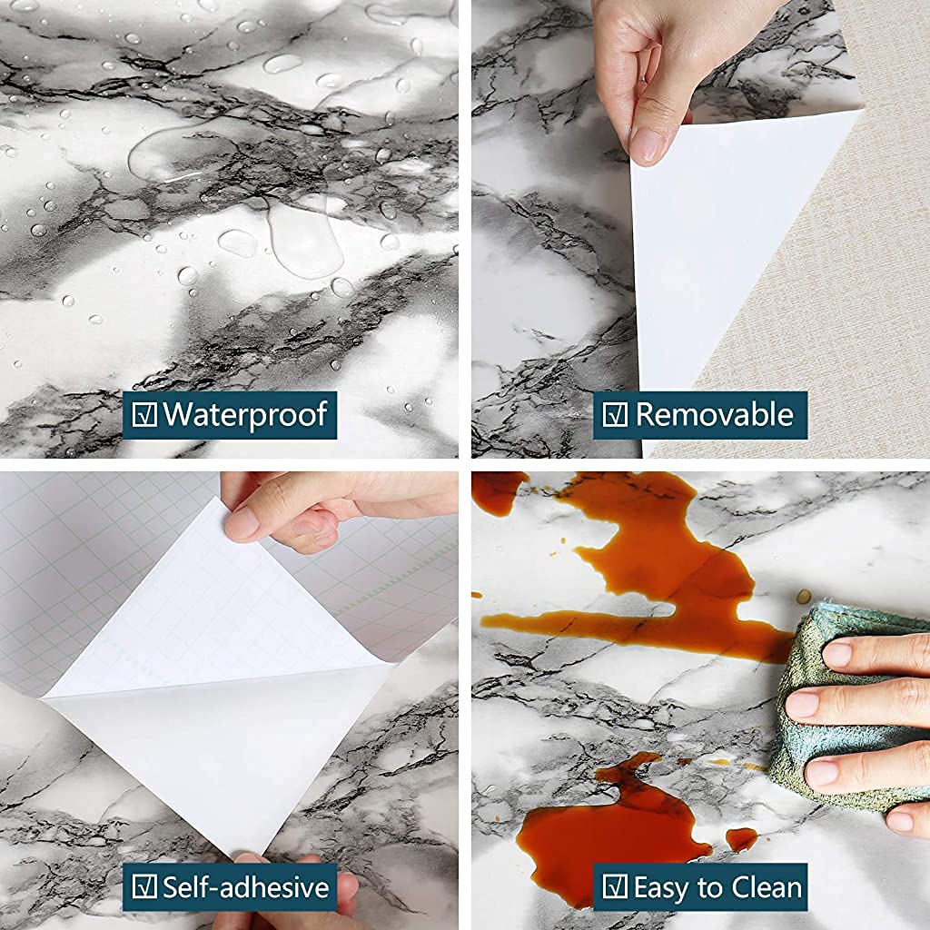 HASTHIP 60CM X 300CM Kitchen Wallpaper, Oil Stain Proof Waterproof Self-Adhesive Wall Stickers, Peel and Stick Wallpaper Marble Contact Paper for Kitchen Furniture, Walls, Table top, Floor (Black)