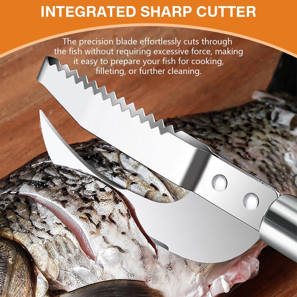HASTHIP 2 in 1 Fish Scaler Cutter Full Stainless Steel Serrated Kitchen Fish Scaler Cutter for Open & Scraping Fish Belly Kitchen Fish Fillet Cutter Kitchen Fish Scaler Tool