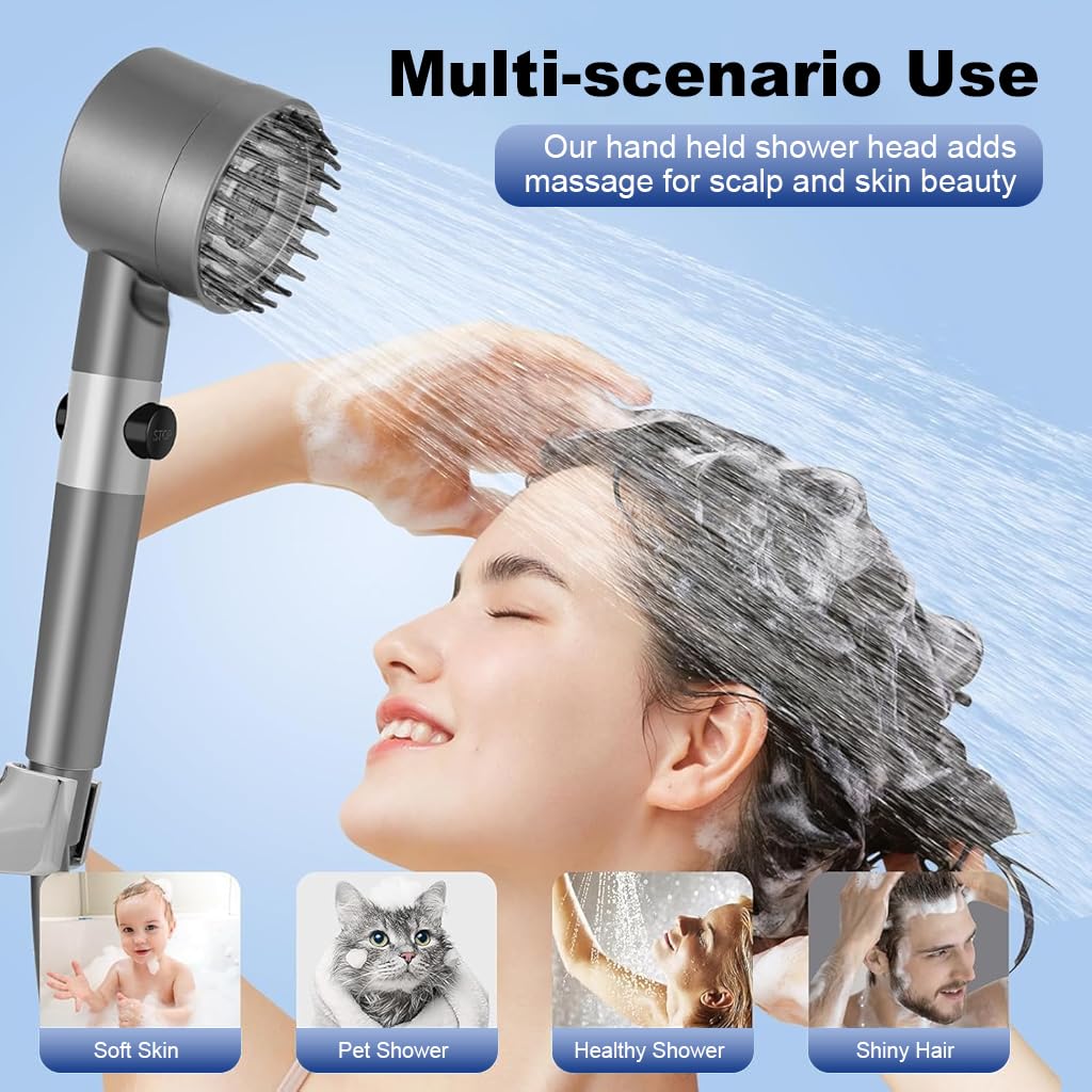 HASTHIP Pressurized Shower Head with 1.5m Hose & Bracket 3 Spray Modes Pressurized Shower Head Multi-layer Filtration Core Shower Head Replacement Shower Head Set for Bathroom Shower System