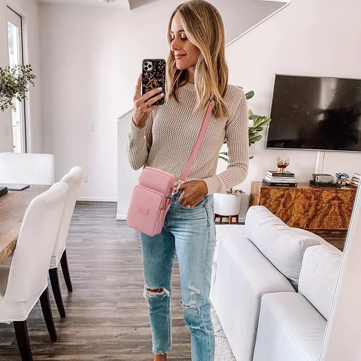 GUSTAVE Pink Mini Wallet Shoulder Small Crossbody Phone Bag for Women with Earphone Cable Hole Wallet Clutch Bag for Women