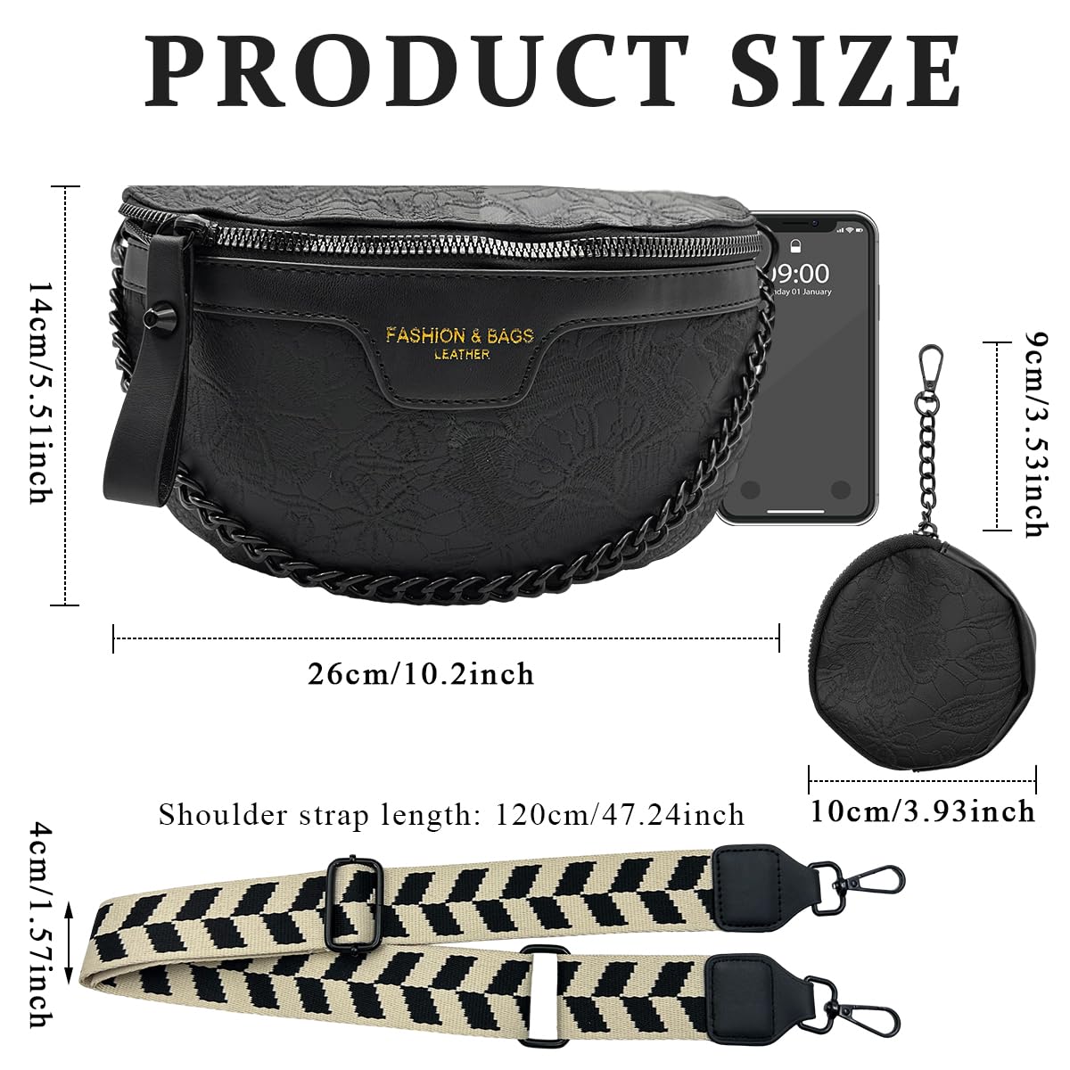 PALAY Women Sling Bag Coin Bag Combo Fashion PU Shoulder Bag for Women Chain Bag Wide Shoulder Strap Crossbody Bag Phone Bag Casual Style Women Bag for Daily, Black