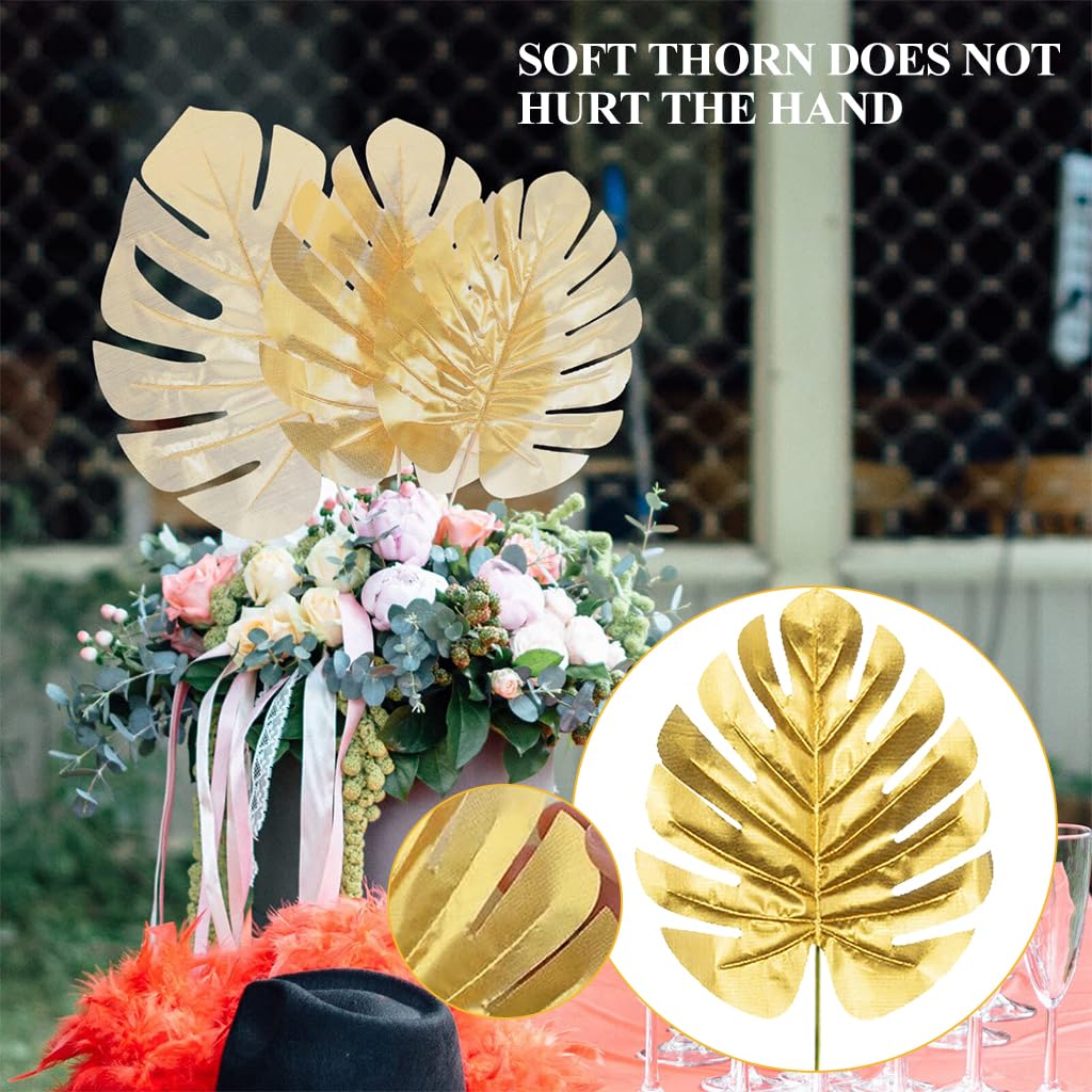 HASTHIP 12pcs Golden Monstera Leaves, 11.8 inches Golden Monstera Leaves for Home Decor Faux Leaves Simulation Monstera Leaves with Stems for Home Decor, Wall Decor, DIY Art Crafts