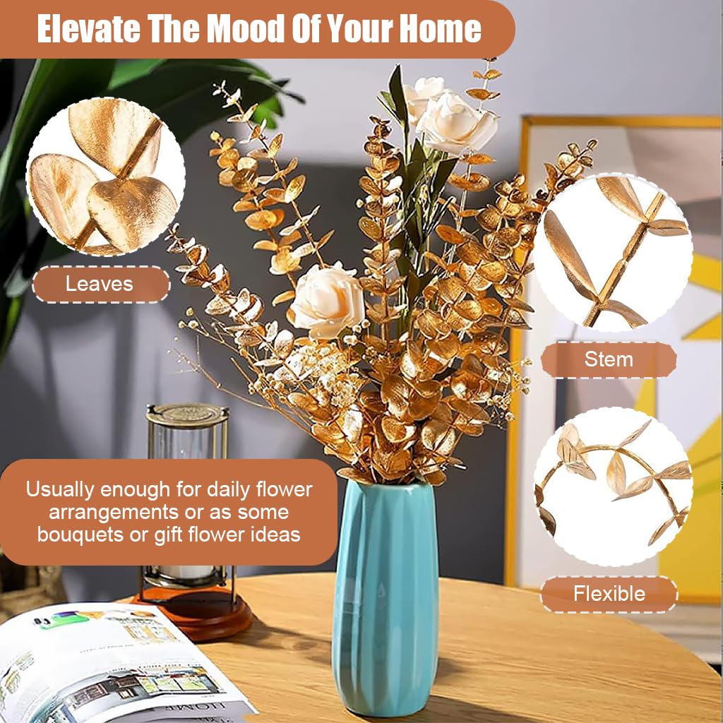 HASTHIP 20Pcs Golden Eucalyptus Leaves Artificial Plants for Home Decor, Fake Leaves Artificial Leaves Branches Artificial Flowers for Wedding, Arrangement, Room Decoration, 16