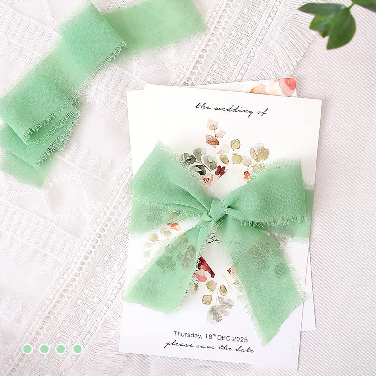 HASTHIP 3 Rolls Chiffon Ribbon Fringe Chiffon Silk-Feel Ribbons, Cream & Green Ribbons Set for DIY Craft, Wedding Decoration, Bridal Bouquets, Gifts Wrapping (1.5