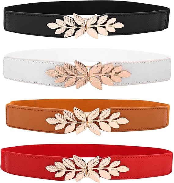 ZIBUYU® Waist Belt for Women Stretchy Waist Belt Golden Leaf Charm Inter-Lock Buckle Design Fashion Women Waist Belt Decorative Dress Belt, Suit Belt, Blazer Belt, Shirt Belt, White