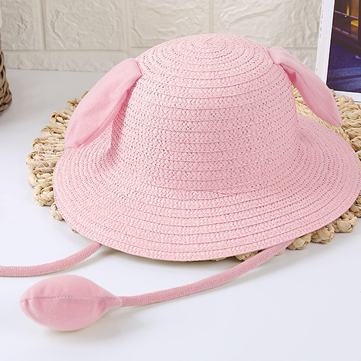 PATPAT Bunny Caps with Moving Ears, Straw Sun Hats for Women, Rabbit Moving Ear Flaps and Press Paws, Breathable Wide Brim Summer Beach Hat for Travel & Outdoor Activities, Bucket Hat for Girls Adult