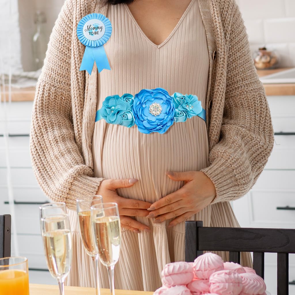 PALAY Mom to Be Flower Sash Set - Baby Shower Daddy to Be Corsage Pin - Flower Belt for Maternity Dress - Pregnancy Photo Props Supplies-Blue