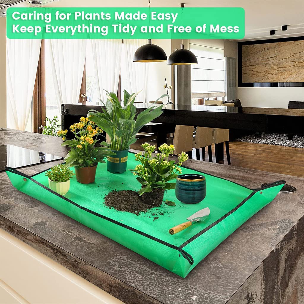 HASTHIP 100*100CM Gardening Mat for for Indoor Bonsai Succulent Plant Care, Waterproof and Foladable PE Garden Mat for Watering Grassland Balcony Nursery Potting and Transplanting Mat Plant Seedling