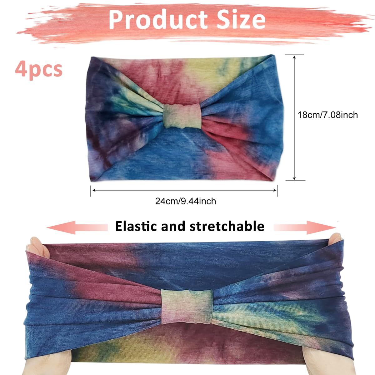 MAYCREATE 4 Pack Women Wide Headband Knotted Tie-dye Print Headbands Stretchy Wide Hair Bands Yoga Sweatband Sports Headband Polyester Head Wraps Stylish Head Bands for Women