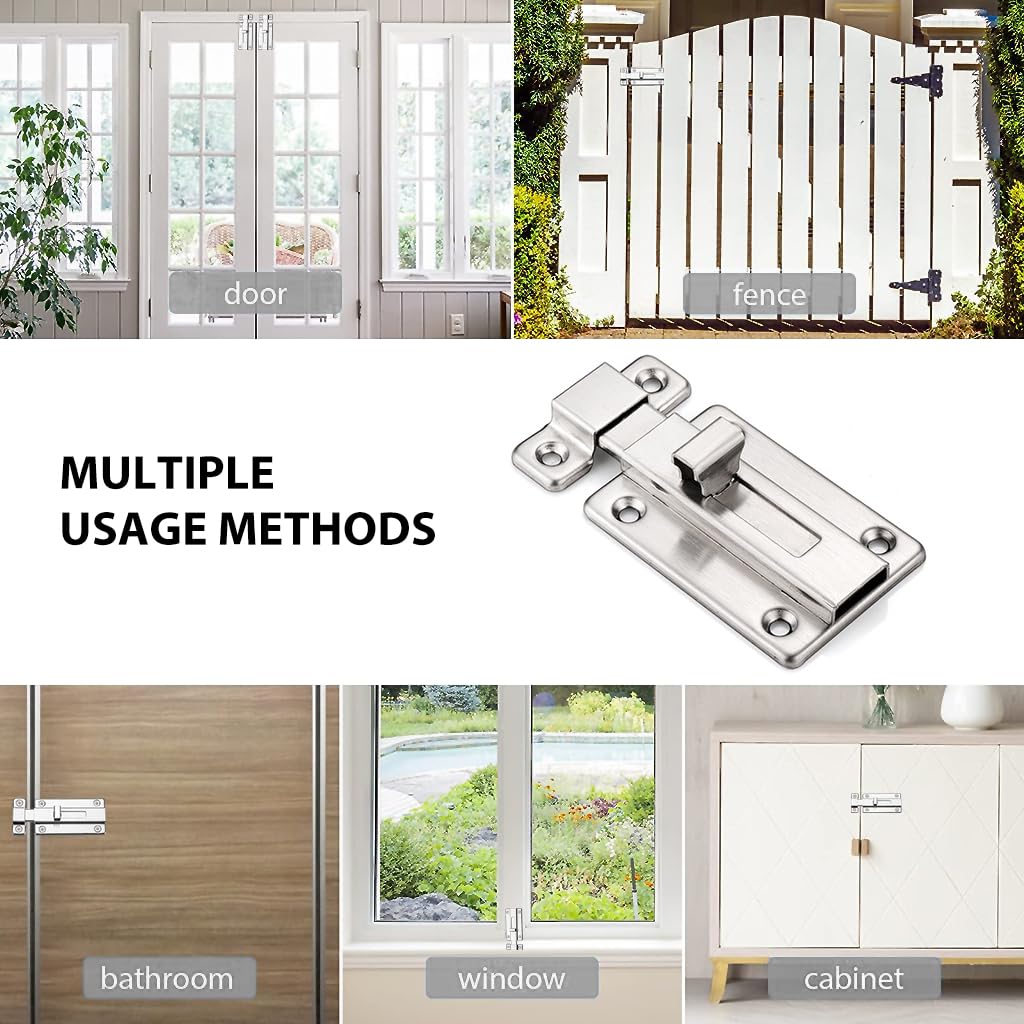 HASTHIP Stainless Steel Door Lock Sliding Latch with Screws Heavy Duty Security Slide Lock for Door, Window, Cabin, Chicken Coop, Barn (2 Pcs, Silver)