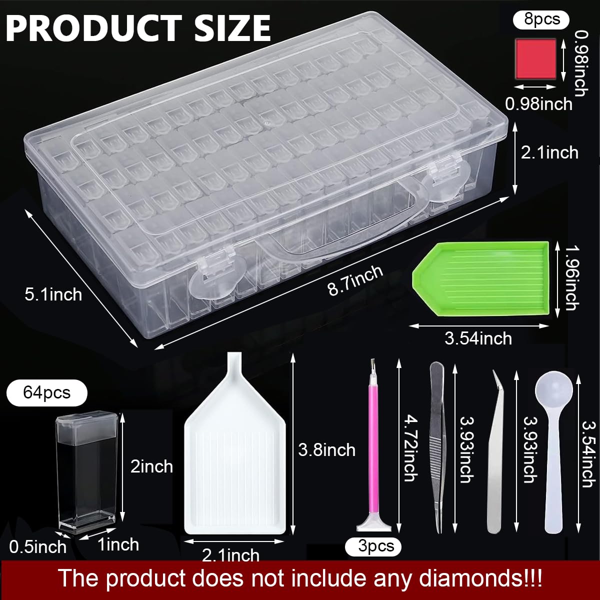 HASTHIP 64 Grids Diamond Painting Storage Box, Diamond Painting Accessories Storage with Pick Up Pens, Diamond Trays, Spoon, Tweezers, Label Sticker