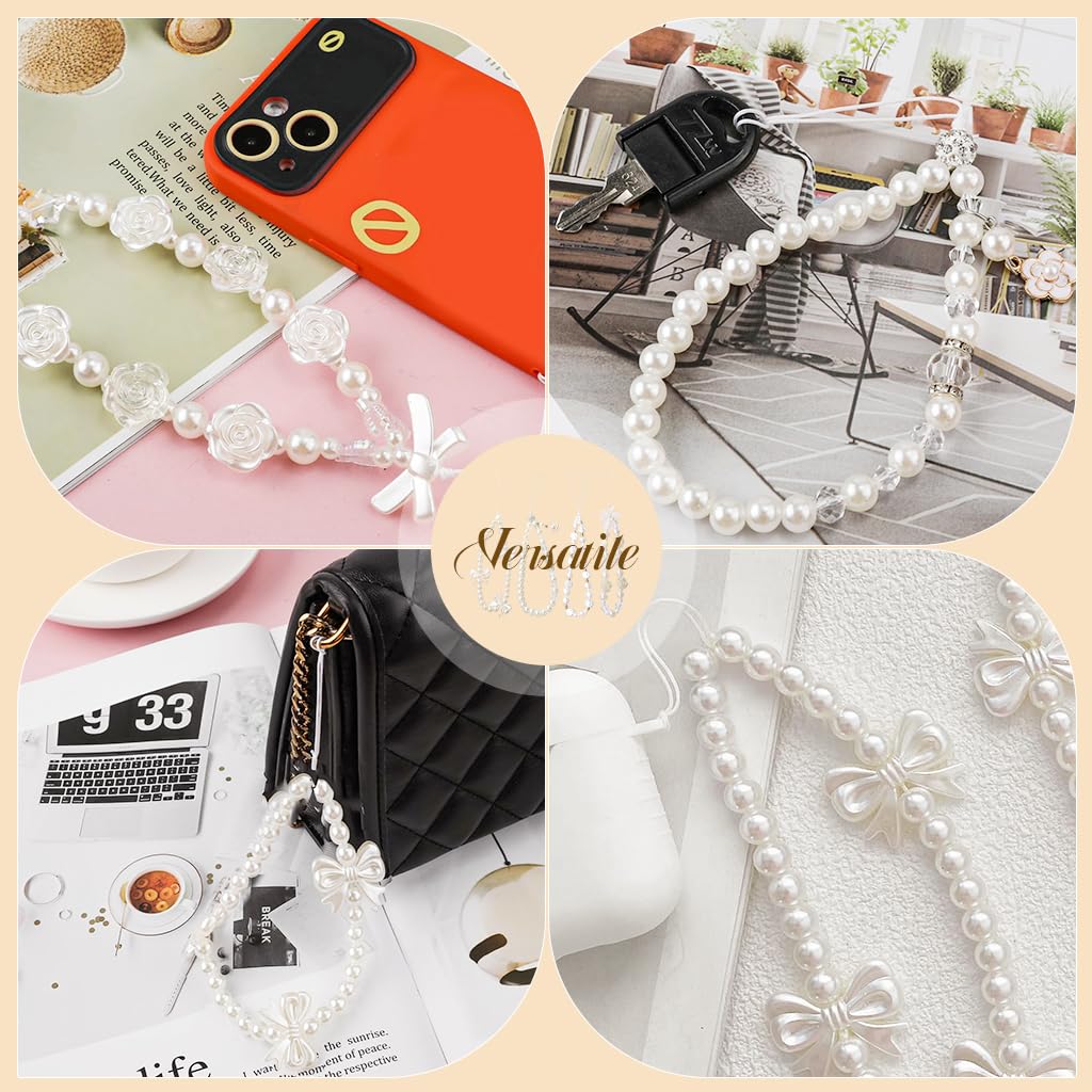 PATPAT 4Pcs Phone Charms for Girls Trendy Pearl Bow Floral Phone Charm with String Loop Beaded Phone Charms Phone Charms Wrist Straps Kawaii Girls Phone Charms for Phone Case Gift for Girls